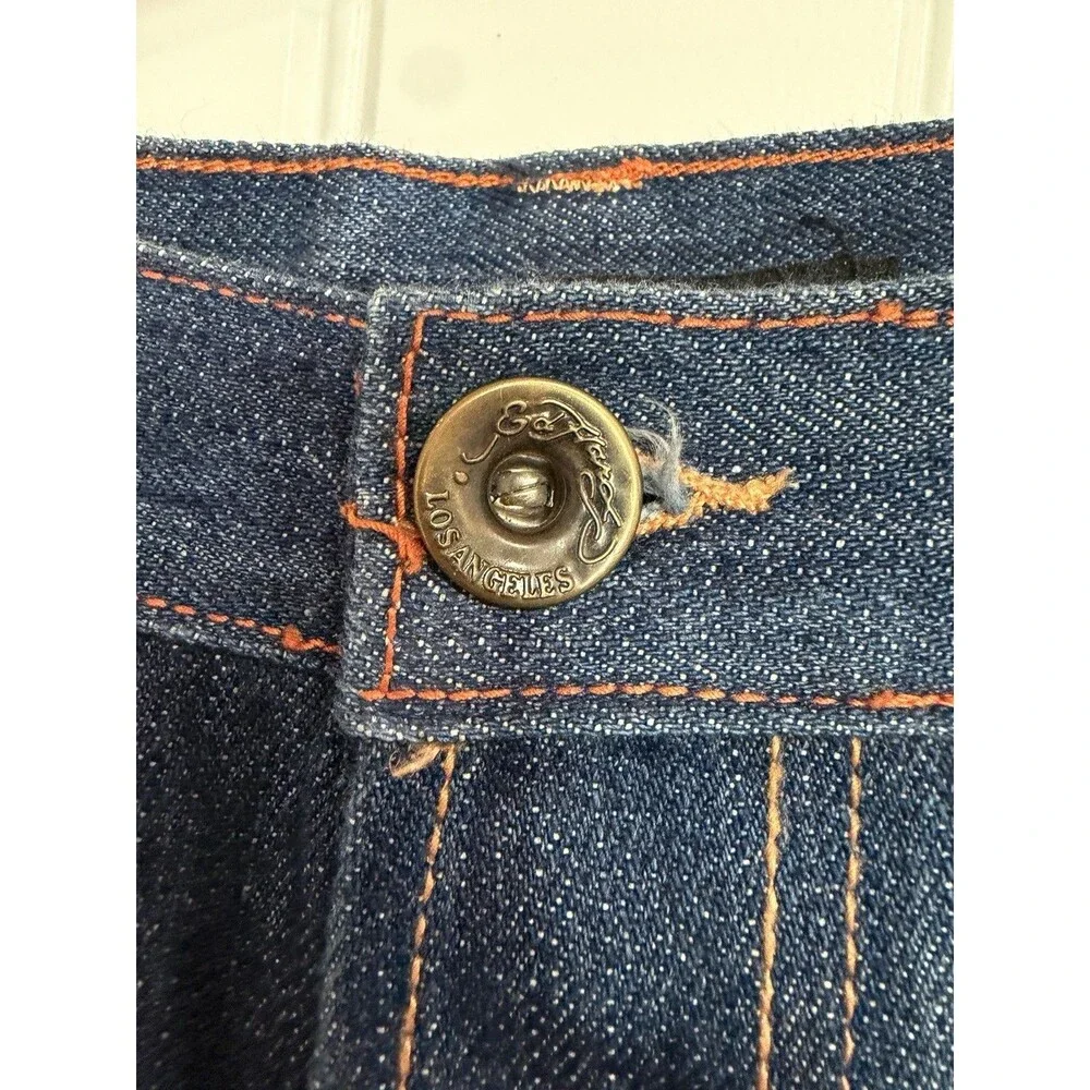Ed Hardy Men’s Blue Dark Wash Straight Denim Jeans Embroidered Skull Distressed